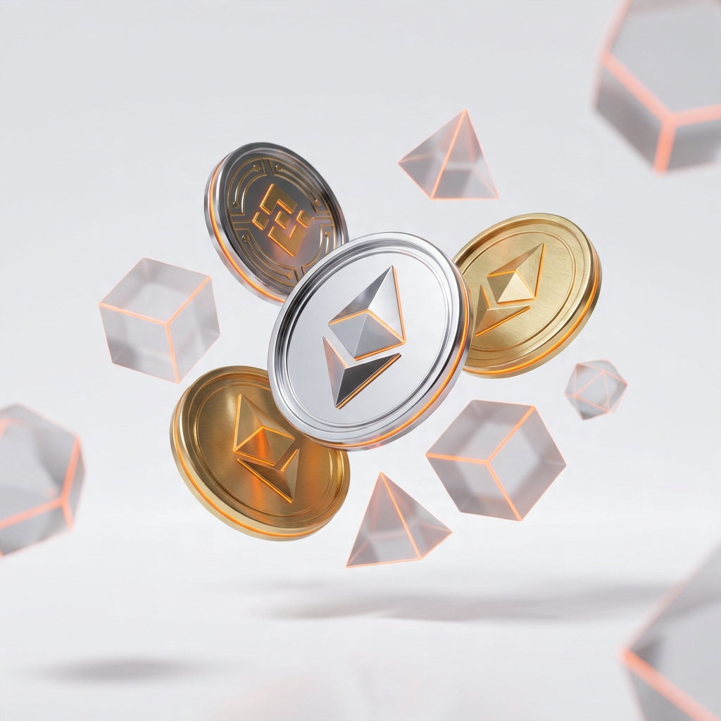 Bitcoin, Ethereum and other coins floating in studio light